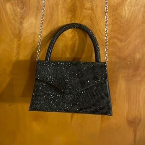 Black Rhinestone Small Purse w Long Chain